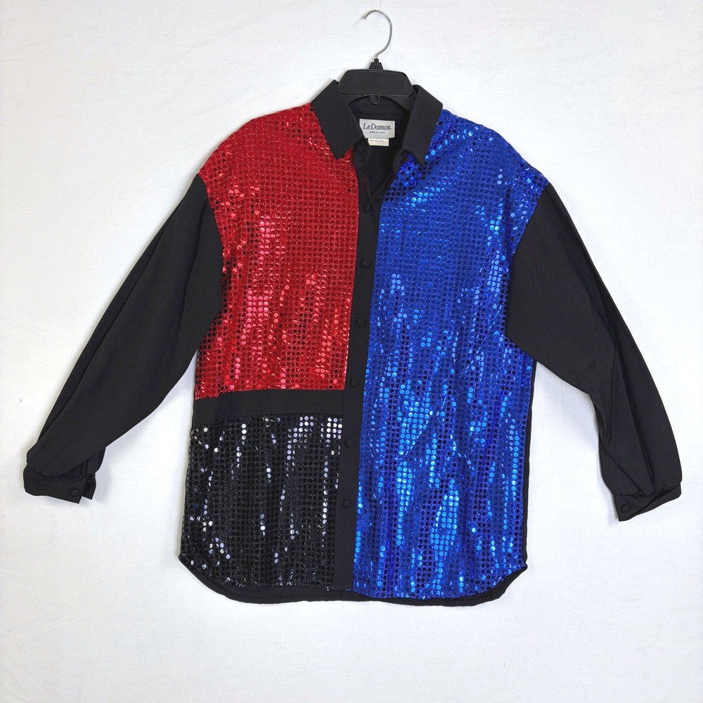 LeDamor Vintage Sequin Colorblock Button Down Shirt USA Womens Americana Festive